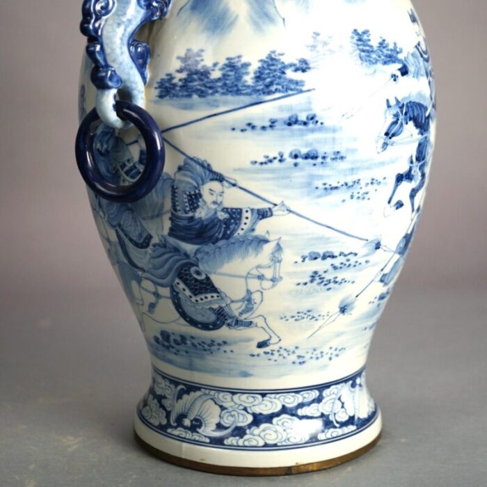 large chinese blue and white figural porcelain handled vase longqing mark 20th century 1139