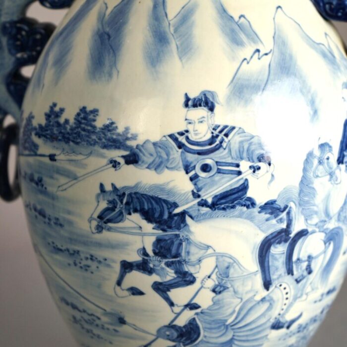 large chinese blue and white figural porcelain handled vase longqing mark 20th century 2058