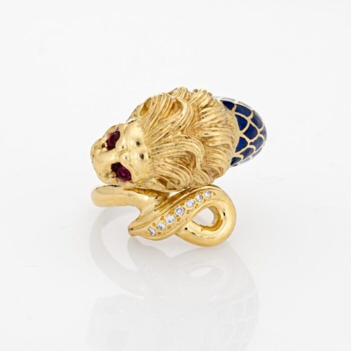 large lion ring sz 85 ruby eyes diamond sz 85 blue enamel fine animal jewelry 4601