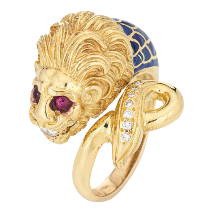 large lion ring sz 85 ruby eyes diamond sz 85 blue enamel fine animal jewelry 6196