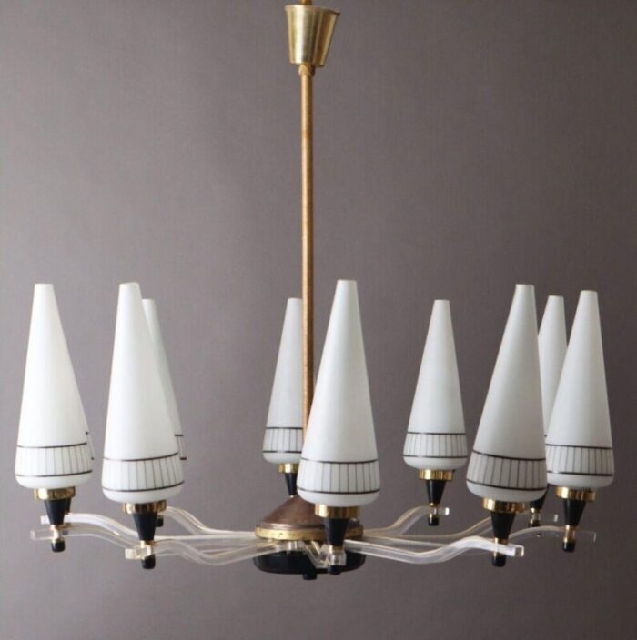 large mid century acrylic glass 10 light chandelier in the style of stilnovo 3727