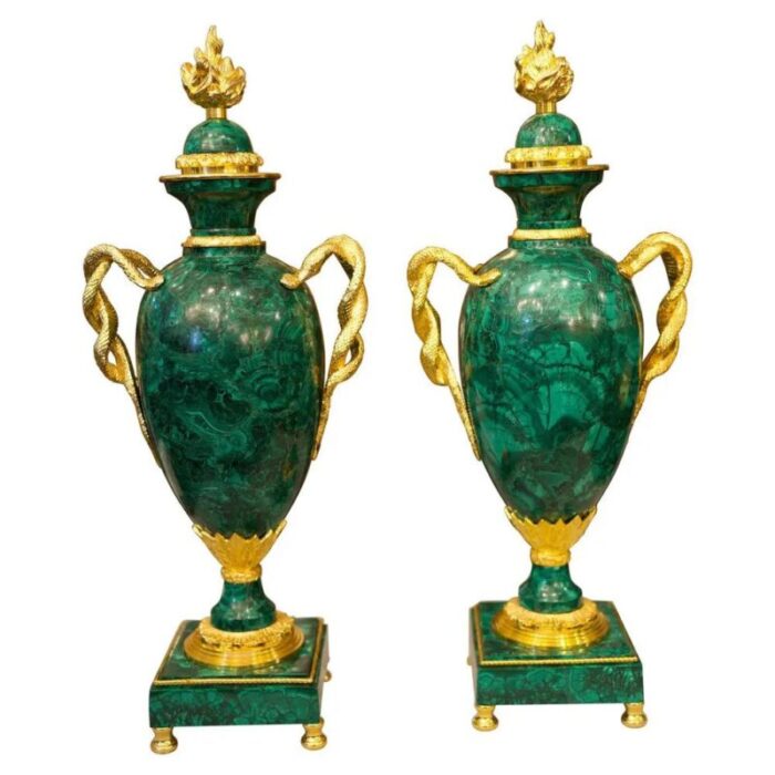 large ormolu mounted malachite empire style vases set of 2 1972