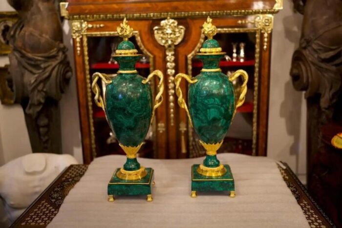 large ormolu mounted malachite empire style vases set of 2 3869