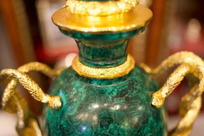 large ormolu mounted malachite empire style vases set of 2 5247