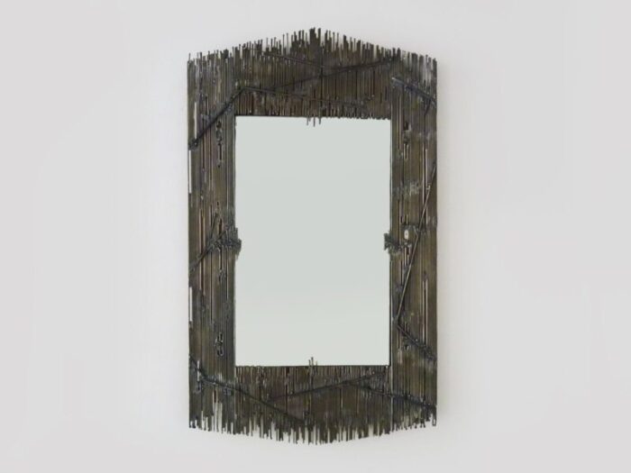 large rectangular brutalist style metal on wood mirror 1970s 1