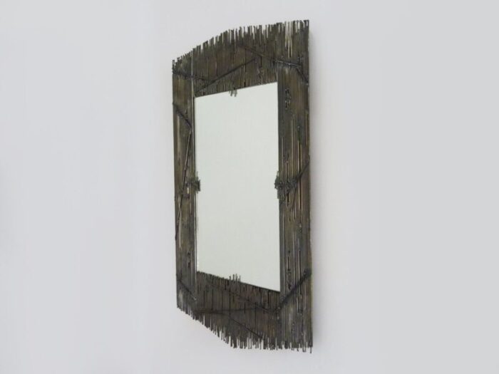 large rectangular brutalist style metal on wood mirror 1970s 2