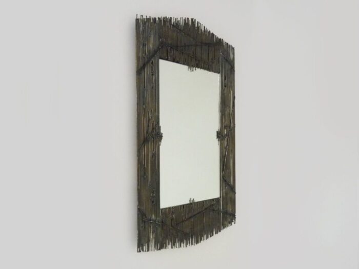 large rectangular brutalist style metal on wood mirror 1970s 3