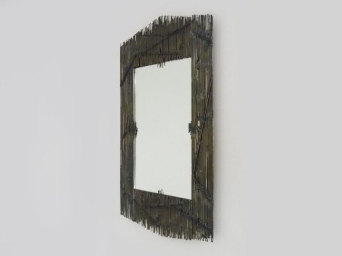 large rectangular brutalist style metal on wood mirror 1970s 8