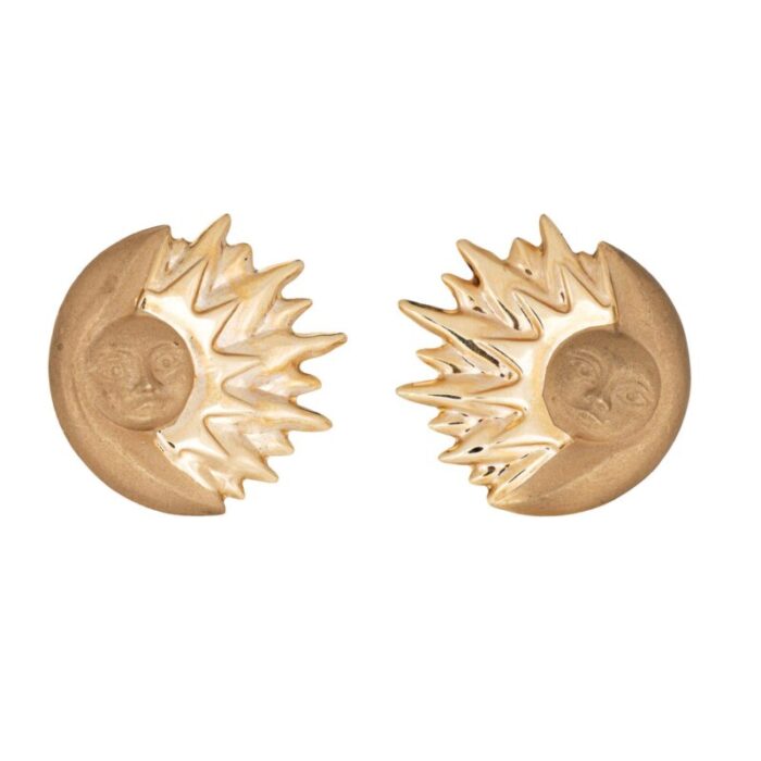 large sunburst crescent moon earrings vintage 14k yellow gold moonface celestial 3352