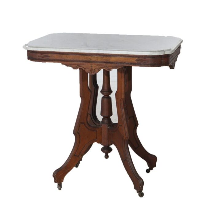 late 19th century antique eastlake victorian carved walnut burl and marble parlor table c1890 6392