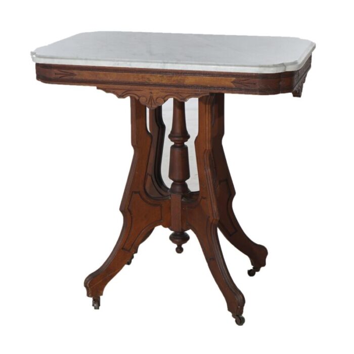 late 19th century antique eastlake victorian carved walnut burl and marble parlor table c1890 9817