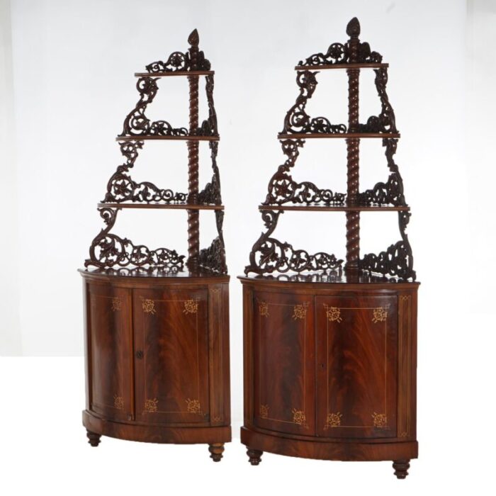 late 19th century antique mahogany inlaid pierced and carved corner curio cabinet c1870 a pair 2913