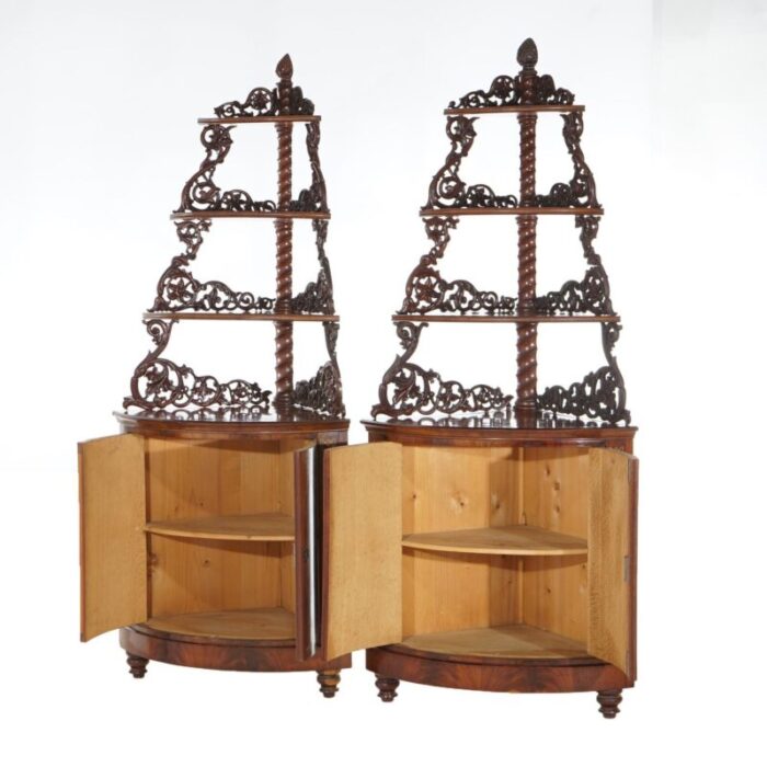 late 19th century antique mahogany inlaid pierced and carved corner curio cabinet c1870 a pair 4398