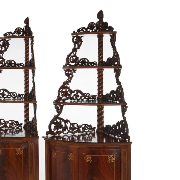 late 19th century antique mahogany inlaid pierced and carved corner curio cabinet c1870 a pair 5163