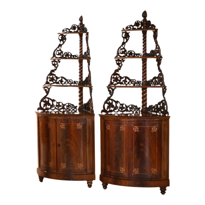 late 19th century antique mahogany inlaid pierced and carved corner curio cabinet c1870 a pair 8481