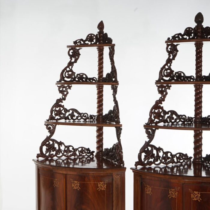 late 19th century antique mahogany inlaid pierced and carved corner curio cabinet c1870 a pair 9425