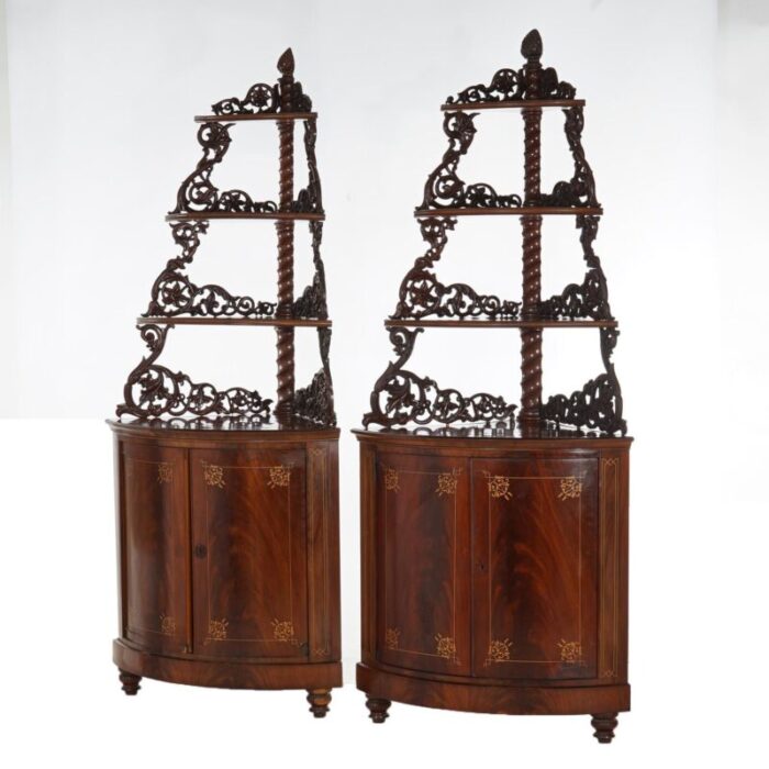 late 19th century antique mahogany inlaid pierced and carved corner curio cabinet c1870 a pair 9913