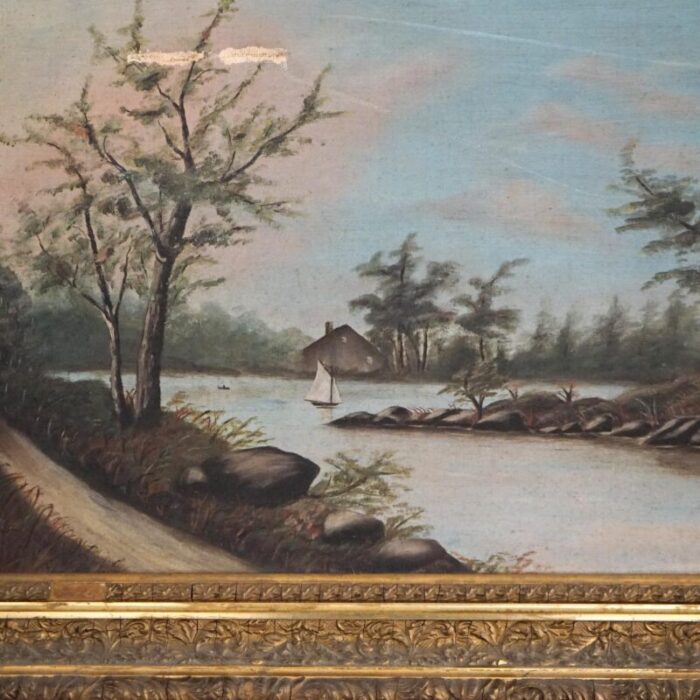 late 19th century antique oil on canvas landscape painting mountain lake scene framed circa 1890 2255