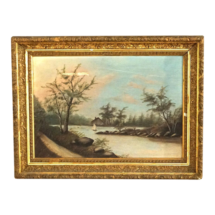 late 19th century antique oil on canvas landscape painting mountain lake scene framed circa 1890 2366