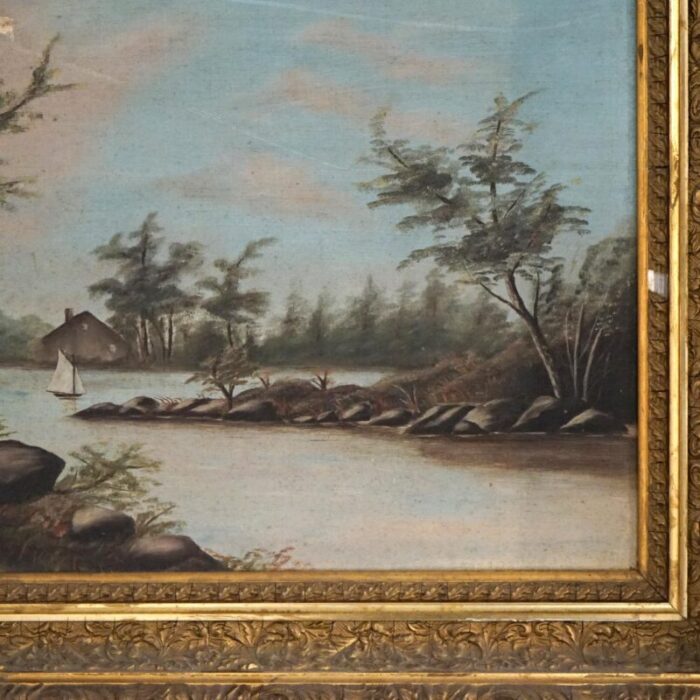 late 19th century antique oil on canvas landscape painting mountain lake scene framed circa 1890 5219