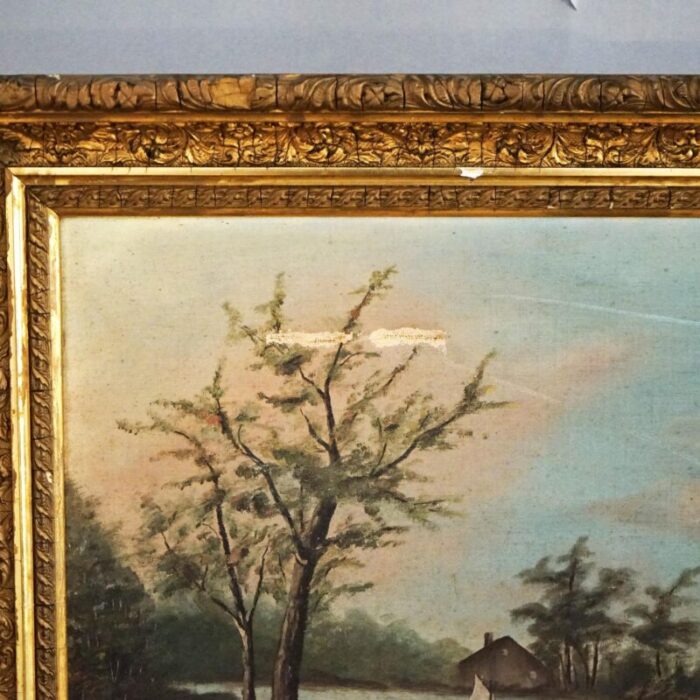 late 19th century antique oil on canvas landscape painting mountain lake scene framed circa 1890 8137