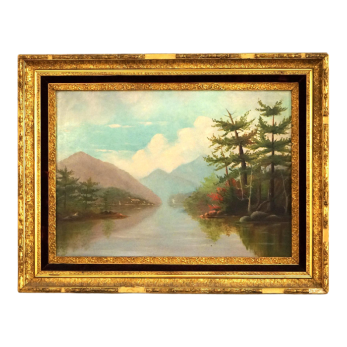 late 19th century antique oil on canvas landscape painting of a mountain lake circa 1890 framed 0388