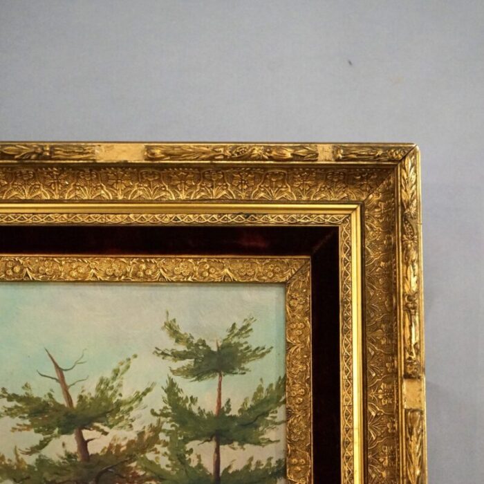 late 19th century antique oil on canvas landscape painting of a mountain lake circa 1890 framed 1805