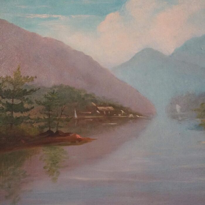 late 19th century antique oil on canvas landscape painting of a mountain lake circa 1890 framed 8925