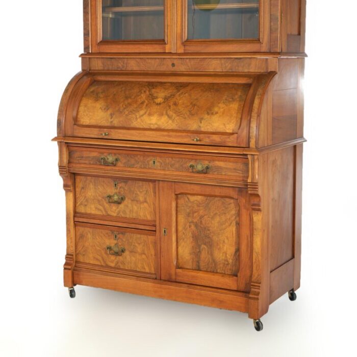 late 19th century antique victorian walnut and burl barrel roll top secretary bookcase and desk c1890 2225