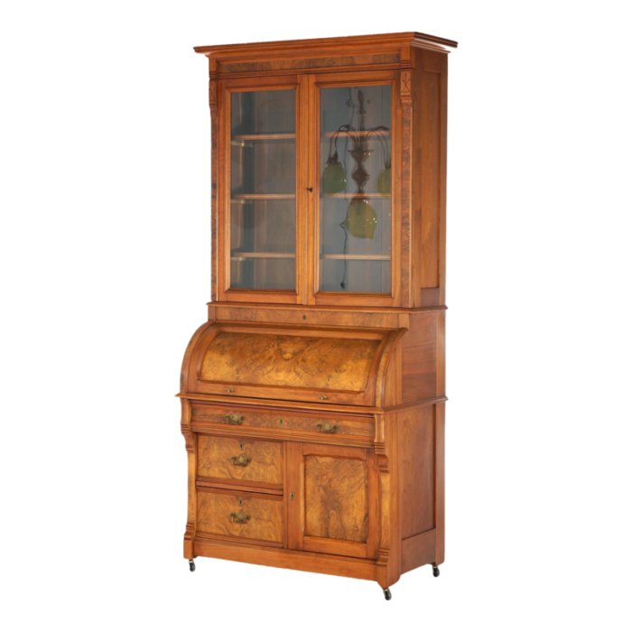 late 19th century antique victorian walnut and burl barrel roll top secretary bookcase and desk c1890 7149