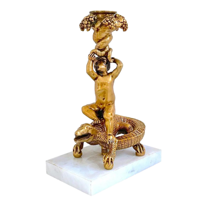 late 19th century italian renaissance style gilt bronze and marble putti on crocodile candlestick 0016