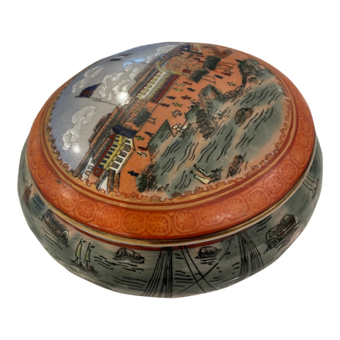 late 20th century ceramic chinese jar with lid depicting the hongs at canton 1818