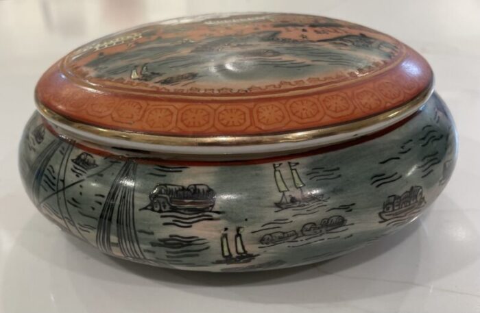 late 20th century ceramic chinese jar with lid depicting the hongs at canton 7447