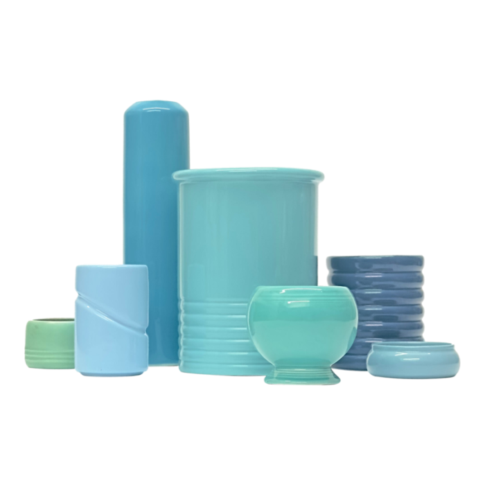 late 20th century mixed aqua and turquoise cylindrical ceramic vase curation set of 7 1336