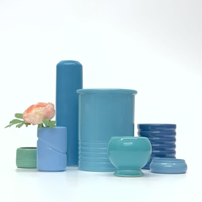 late 20th century mixed aqua and turquoise cylindrical ceramic vase curation set of 7 1440