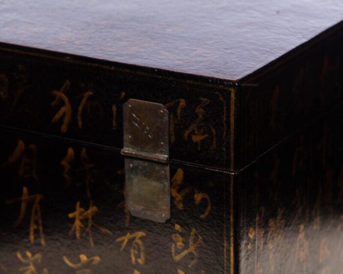 lawrence and scott hand painted black inscription leather box on handcrafted brass stand as side table 2857