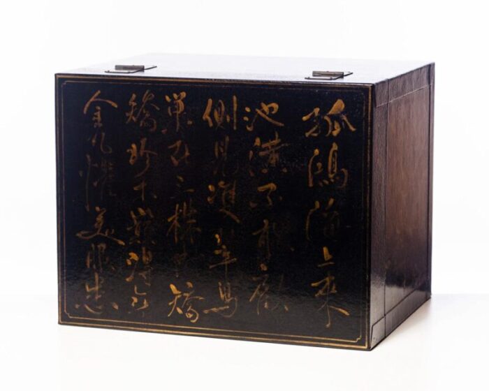 lawrence and scott hand painted black inscription leather box on handcrafted brass stand as side table 3684