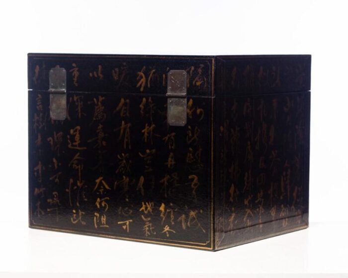 lawrence and scott hand painted black inscription leather box on handcrafted brass stand as side table 3813