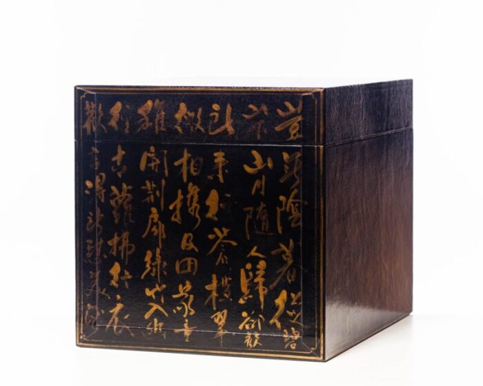 lawrence and scott hand painted black inscription leather box on handcrafted brass stand as side table 8055