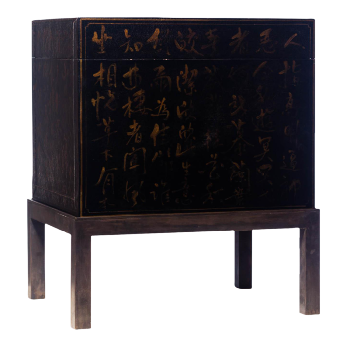 lawrence and scott hand painted black inscription leather box on handcrafted brass stand as side table 8397