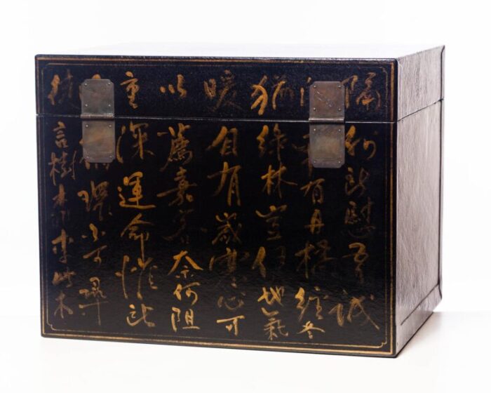 lawrence and scott hand painted black inscription leather box on handcrafted brass stand as side table 9307