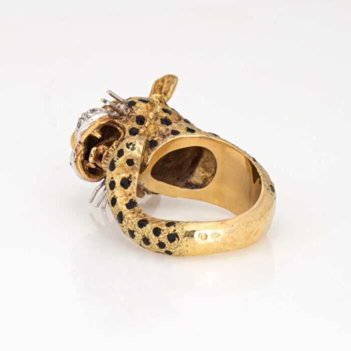 leopard ring vintage 18k yellow gold diamond ruby eyes black enamel animal 575 4655