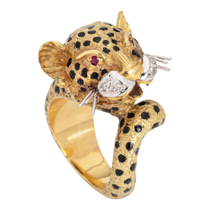 leopard ring vintage 18k yellow gold diamond ruby eyes black enamel animal 575 5540