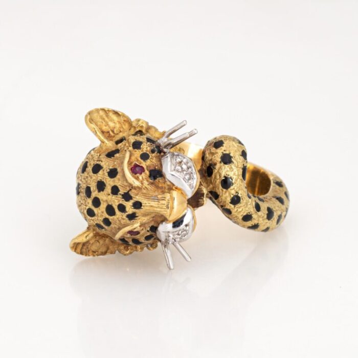 leopard ring vintage 18k yellow gold diamond ruby eyes black enamel animal 575 5980