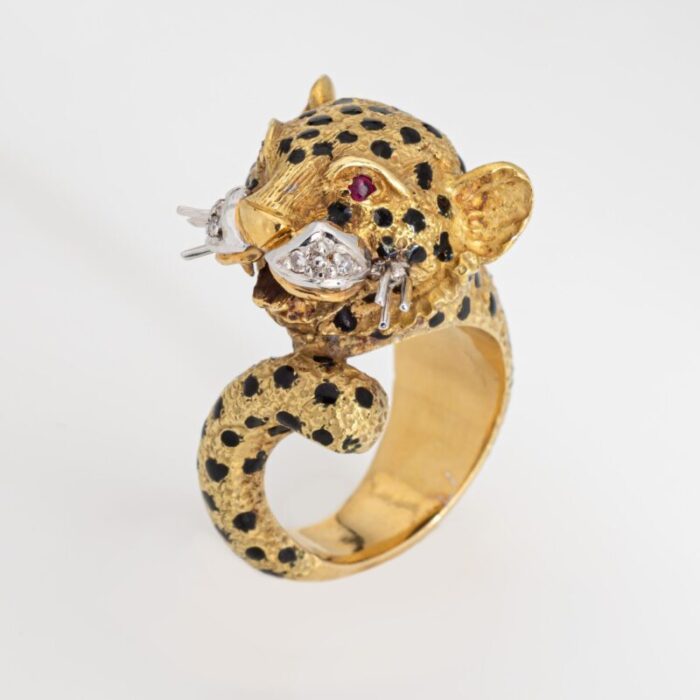 leopard ring vintage 18k yellow gold diamond ruby eyes black enamel animal 575 9560