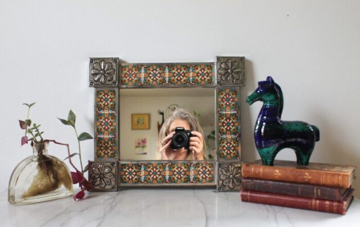 mexican folk art hand tooled tin and talavera tile mirror 2924