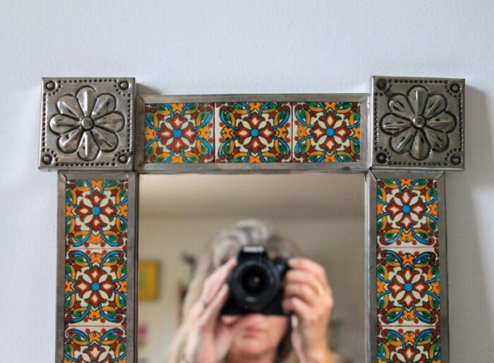 mexican folk art hand tooled tin and talavera tile mirror 3133