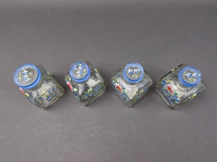 mid 20th century apothecary drug store hand painted flowers glass vanity bottles set of 4 5269