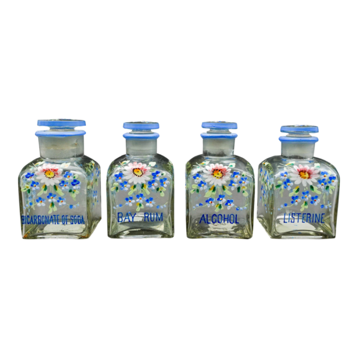 mid 20th century apothecary drug store hand painted flowers glass vanity bottles set of 4 5759