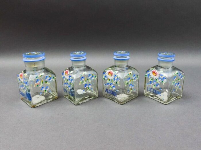 mid 20th century apothecary drug store hand painted flowers glass vanity bottles set of 4 5866